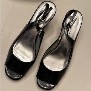 Etienne Aigner Black Patent Peep Toe Ankle Strap Wedge Shoes